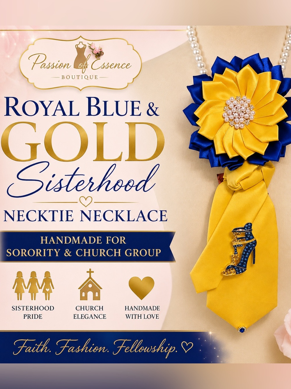 Royal Blue & Gold Sisterhood Necktie Necklace | Handmade Sorority & Church Group